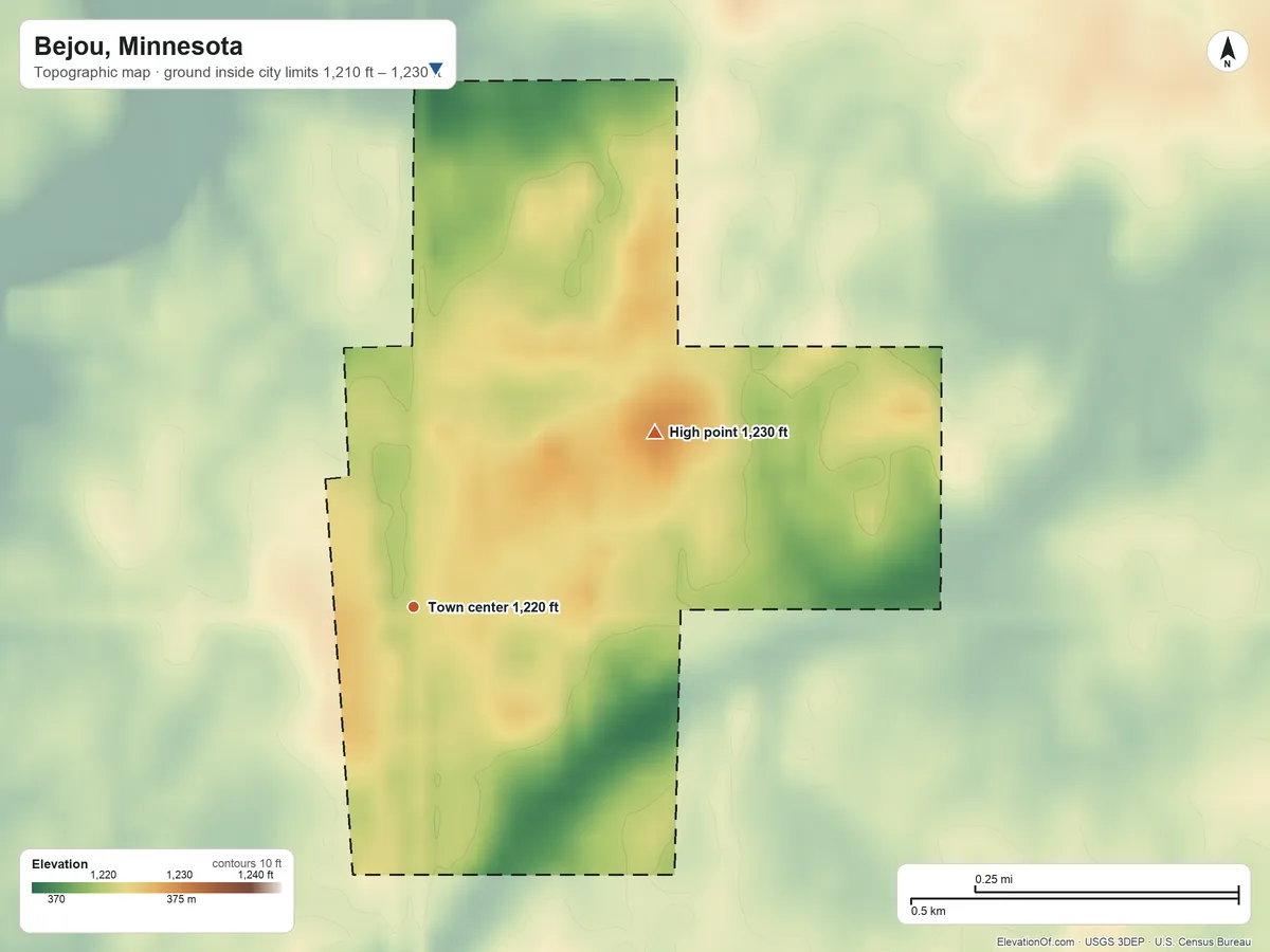 Topographic elevation map of Bejou, Minnesota, shaded from 1,210 ft on the north side to 1,230 ft on the northeast side