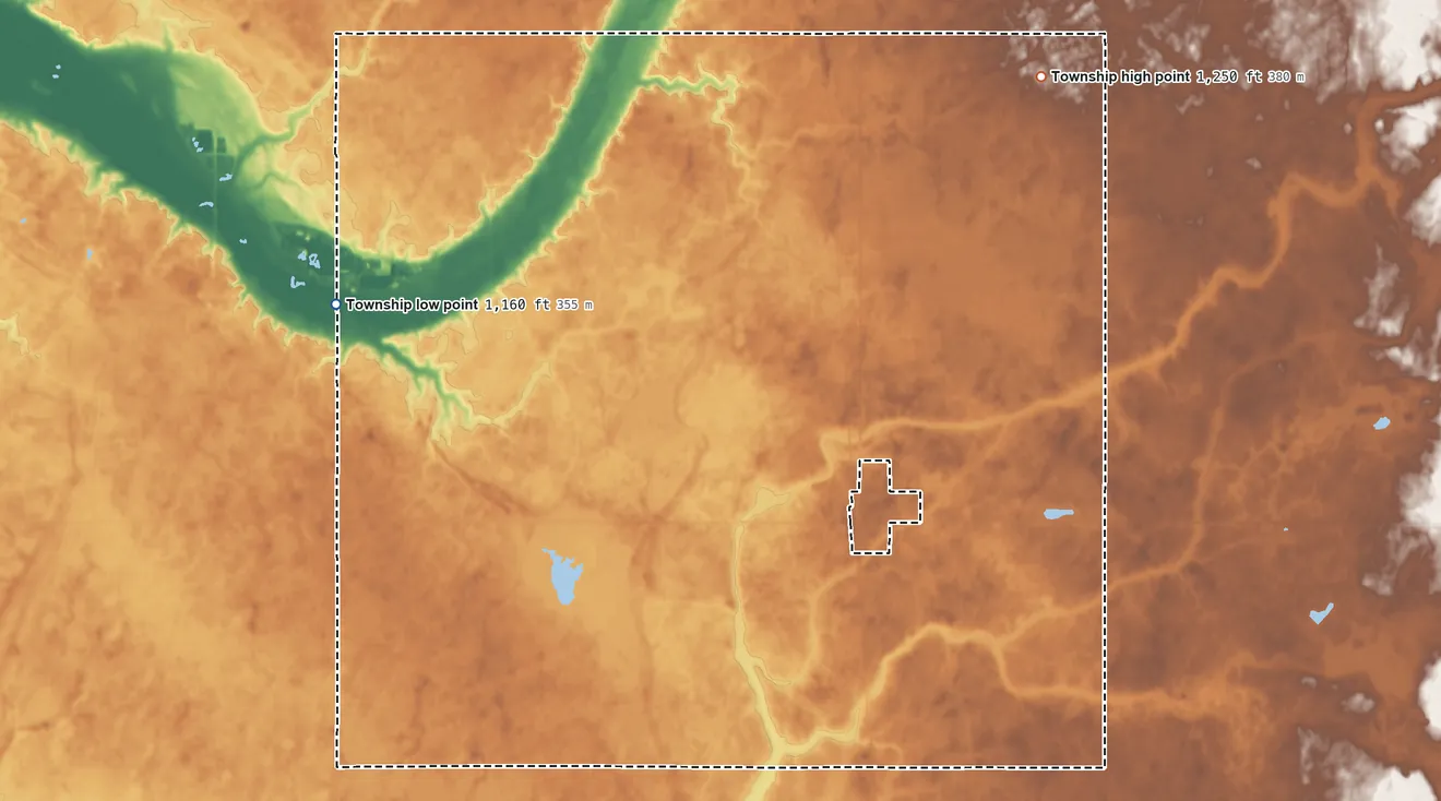 Topographic elevation map of Bejou Township, Minnesota, shaded from 1,160 ft on the west side to 1,250 ft on the northeast side