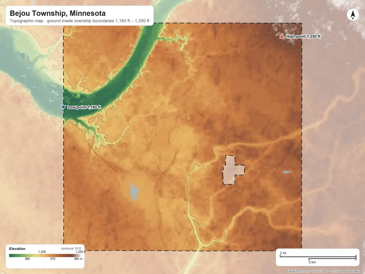 Topographic elevation map of Bejou Township, Minnesota, shaded from 1,160 ft on the west side to 1,250 ft on the northeast side