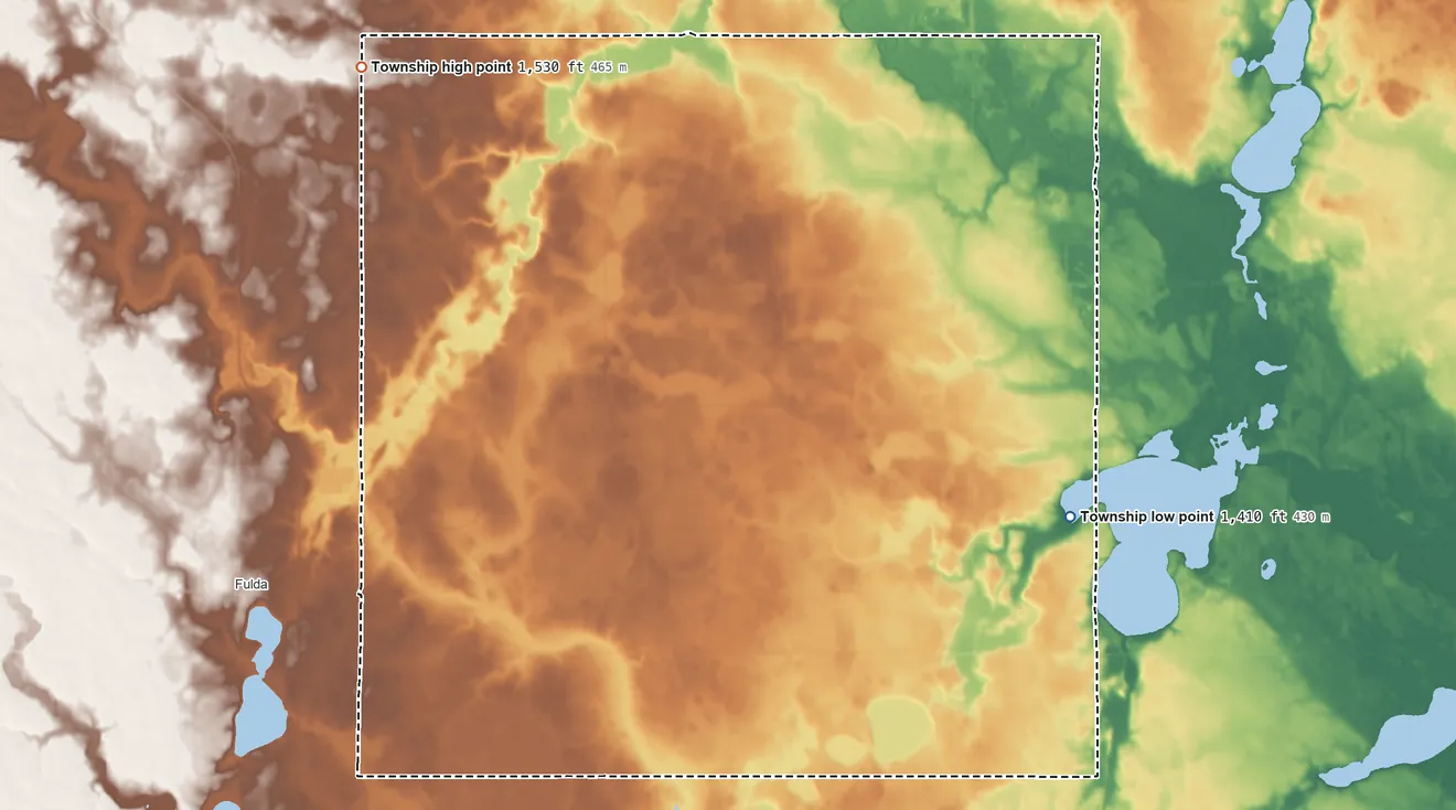 Topographic elevation map of Belfast Township, Minnesota, shaded from 1,410 ft on the east side to 1,530 ft on the northwest side