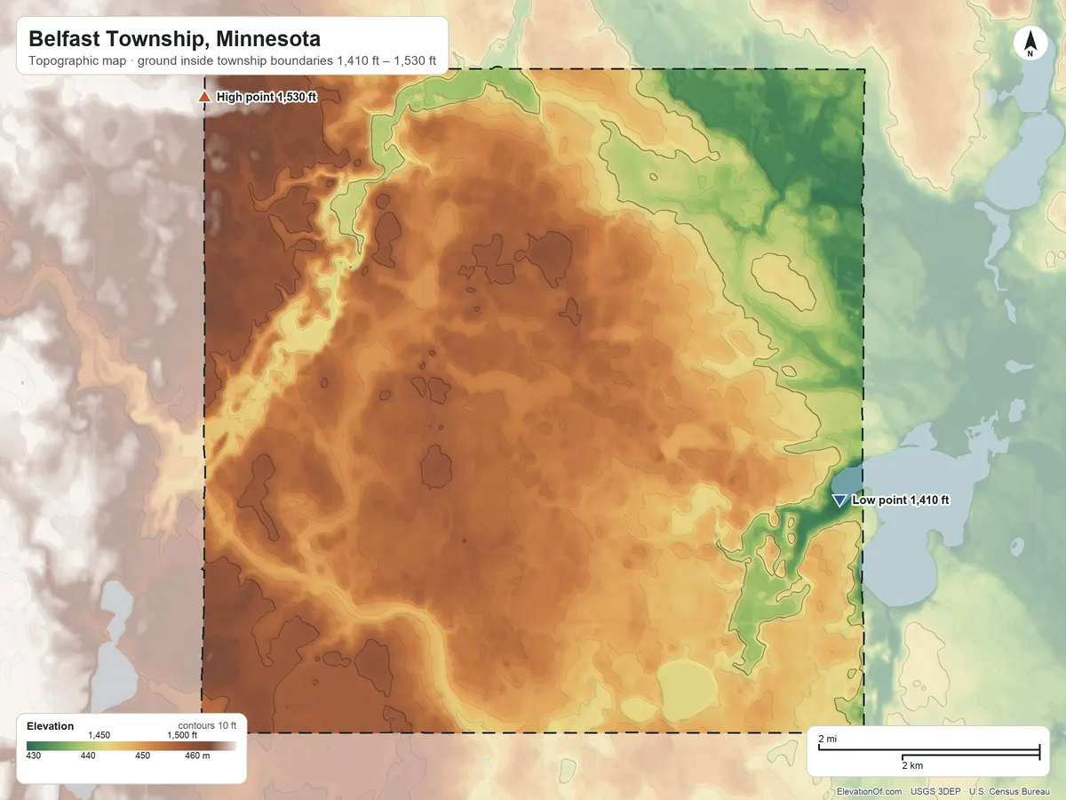 Topographic elevation map of Belfast Township, Minnesota, shaded from 1,410 ft on the east side to 1,530 ft on the northwest side