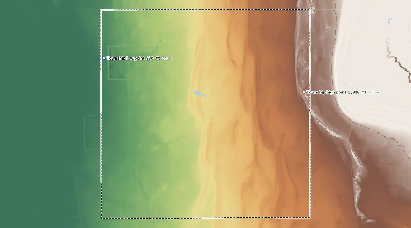 Topographic elevation map of Belgium Township, Minnesota, shaded from 900 ft on the northwest side to 1,010 ft on the northeast side