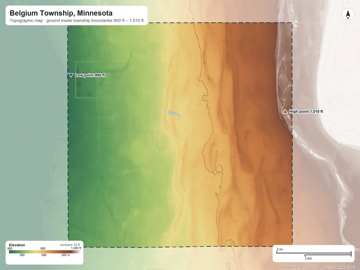 Topographic elevation map of Belgium Township, Minnesota, shaded from 900 ft on the northwest side to 1,010 ft on the northeast side