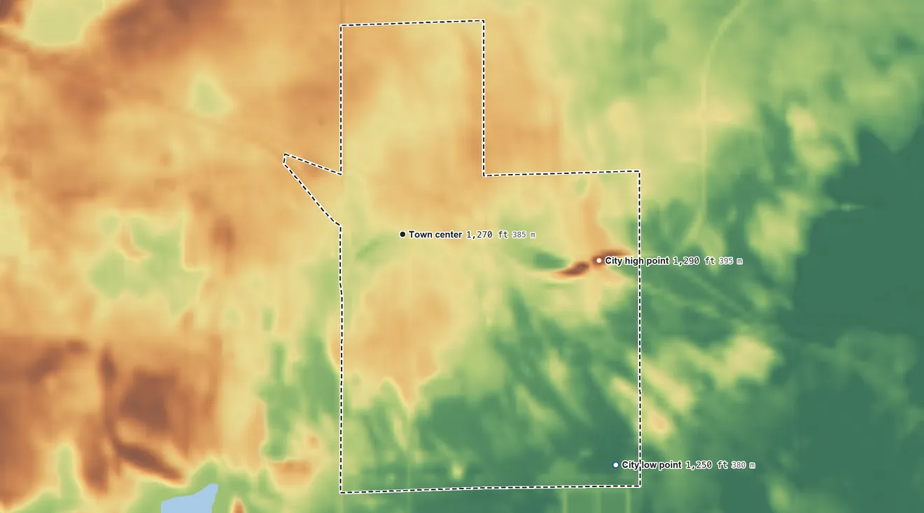 Topographic elevation map of Belgrade, Minnesota, shaded from 1,250 ft on the southeast side to 1,290 ft on the east side