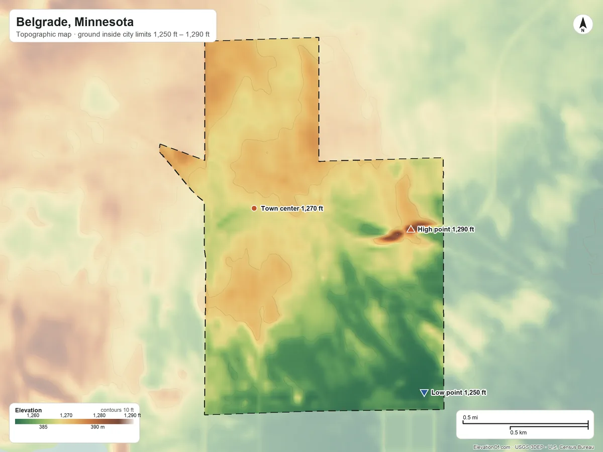 Topographic elevation map of Belgrade, Minnesota, shaded from 1,250 ft on the southeast side to 1,290 ft on the east side