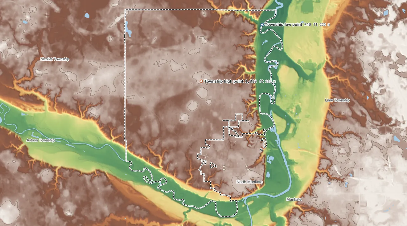 Topographic elevation map of Belgrade Township, Minnesota, shaded from 740 ft on the northeast side to 1,010 ft on the north side