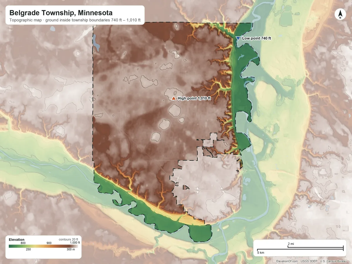 Topographic elevation map of Belgrade Township, Minnesota, shaded from 740 ft on the northeast side to 1,010 ft on the north side