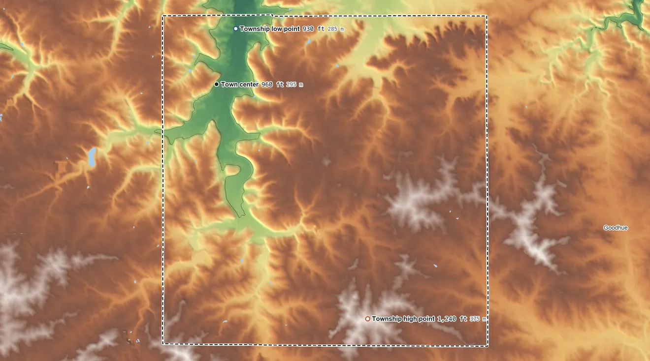 Topographic elevation map of Belle Creek Township, Minnesota, shaded from 930 ft on the north side to 1,240 ft on the southeast side