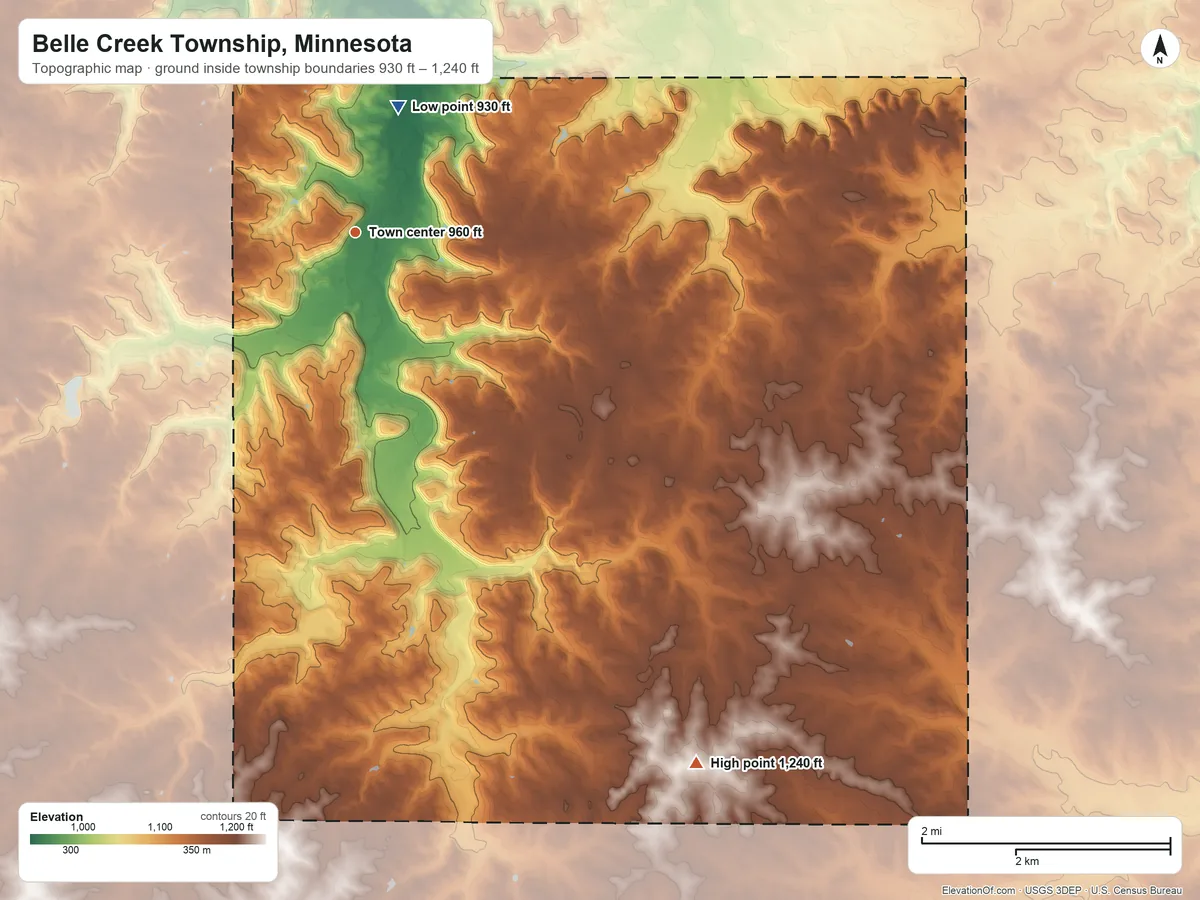 Topographic elevation map of Belle Creek Township, Minnesota, shaded from 930 ft on the north side to 1,240 ft on the southeast side