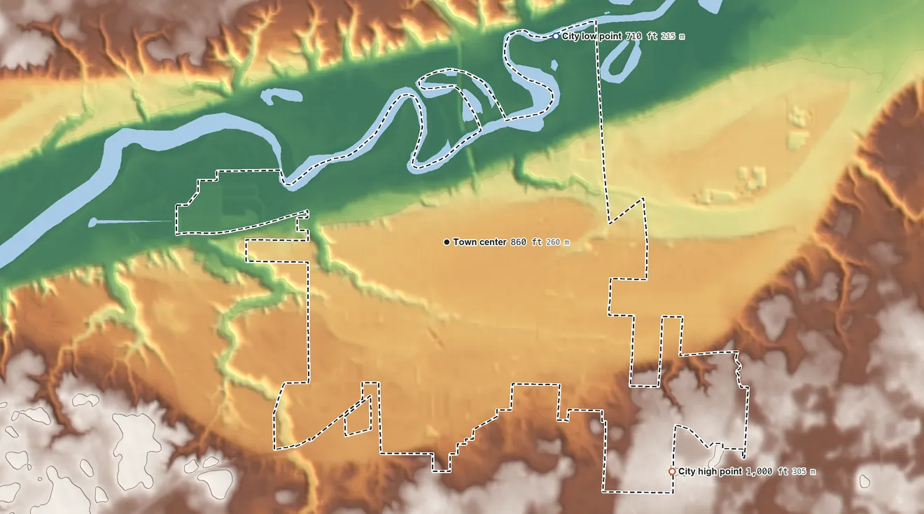 Topographic elevation map of Belle Plaine, Minnesota, shaded from 710 ft on the northeast side to 1,000 ft on the southeast side