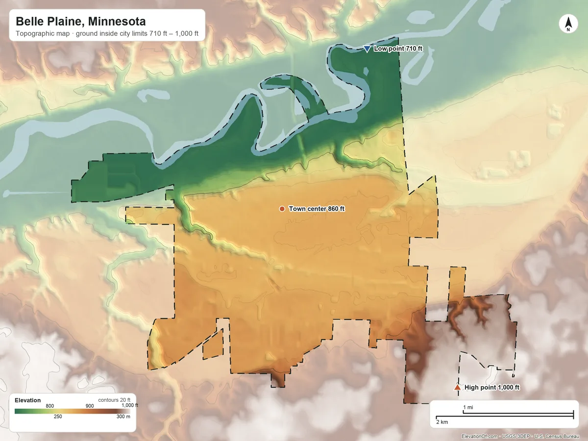 Topographic elevation map of Belle Plaine, Minnesota, shaded from 710 ft on the northeast side to 1,000 ft on the southeast side