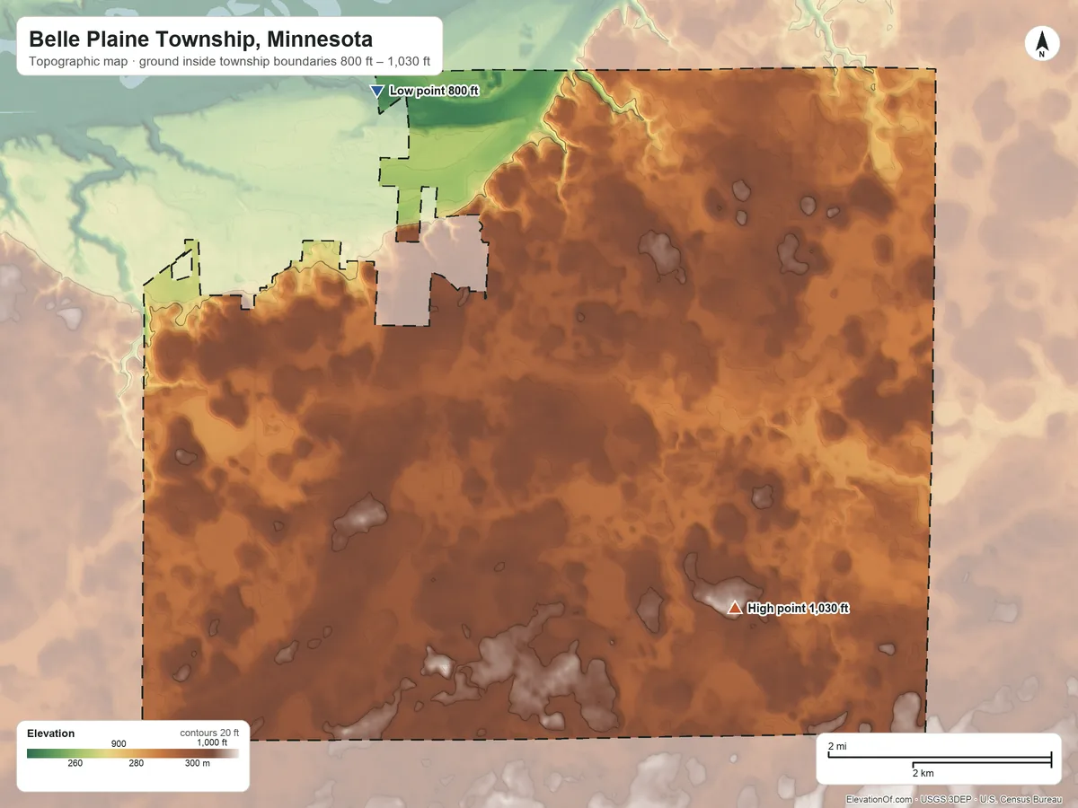 Topographic elevation map of Belle Plaine Township, Minnesota, shaded from 800 ft on the northwest side to 1,030 ft on the southeast side