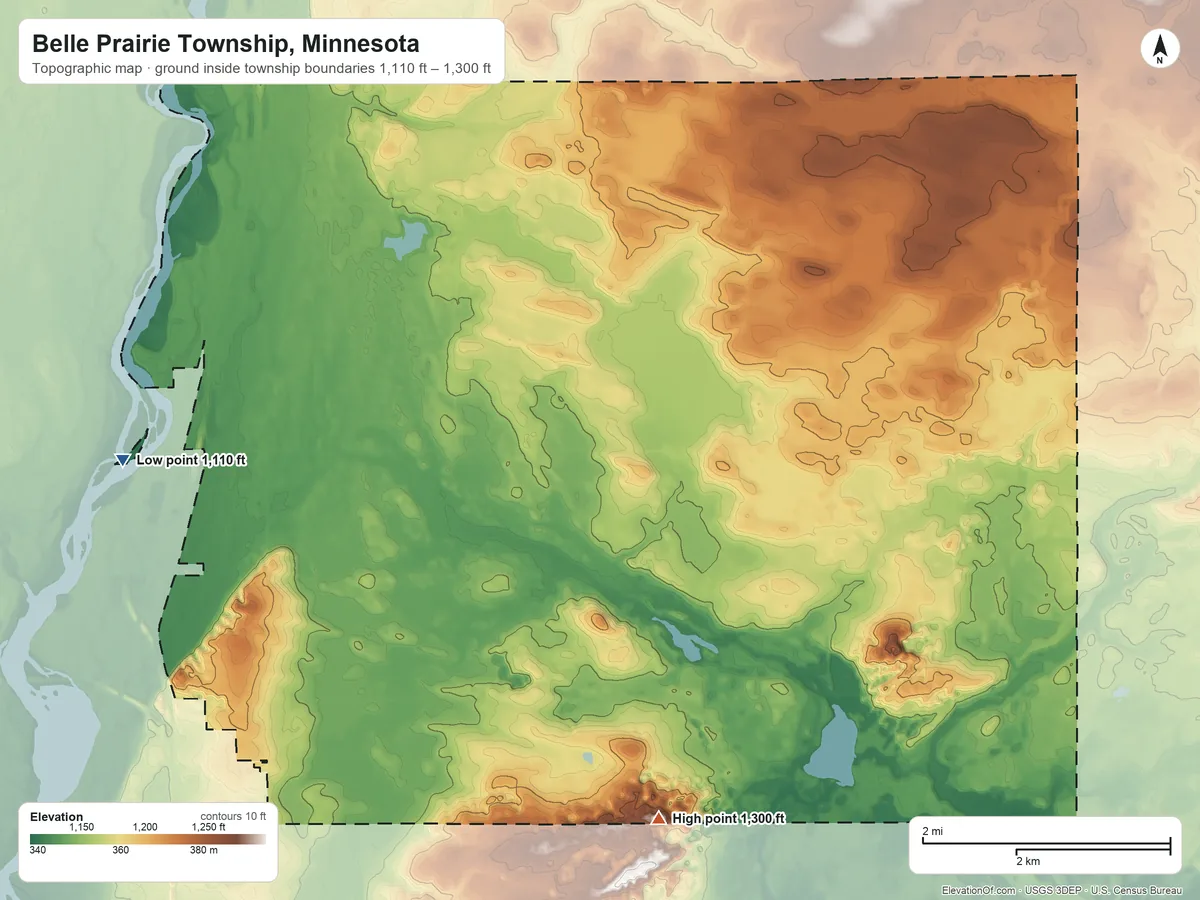 Topographic elevation map of Belle Prairie Township, Minnesota, shaded from 1,110 ft on the west side to 1,300 ft on the south side
