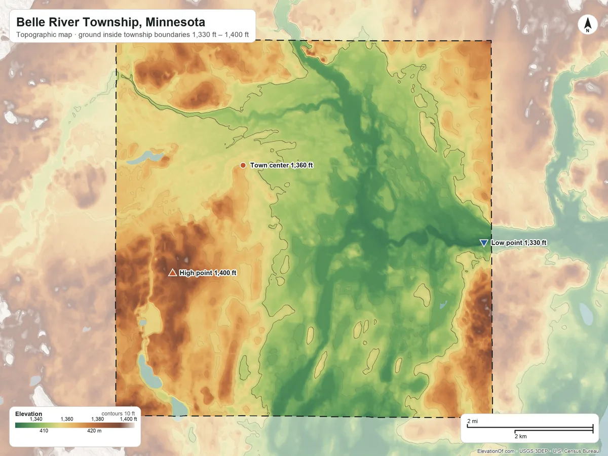 Topographic elevation map of Belle River Township, Minnesota, shaded from 1,330 ft on the east side to 1,400 ft on the southwest side