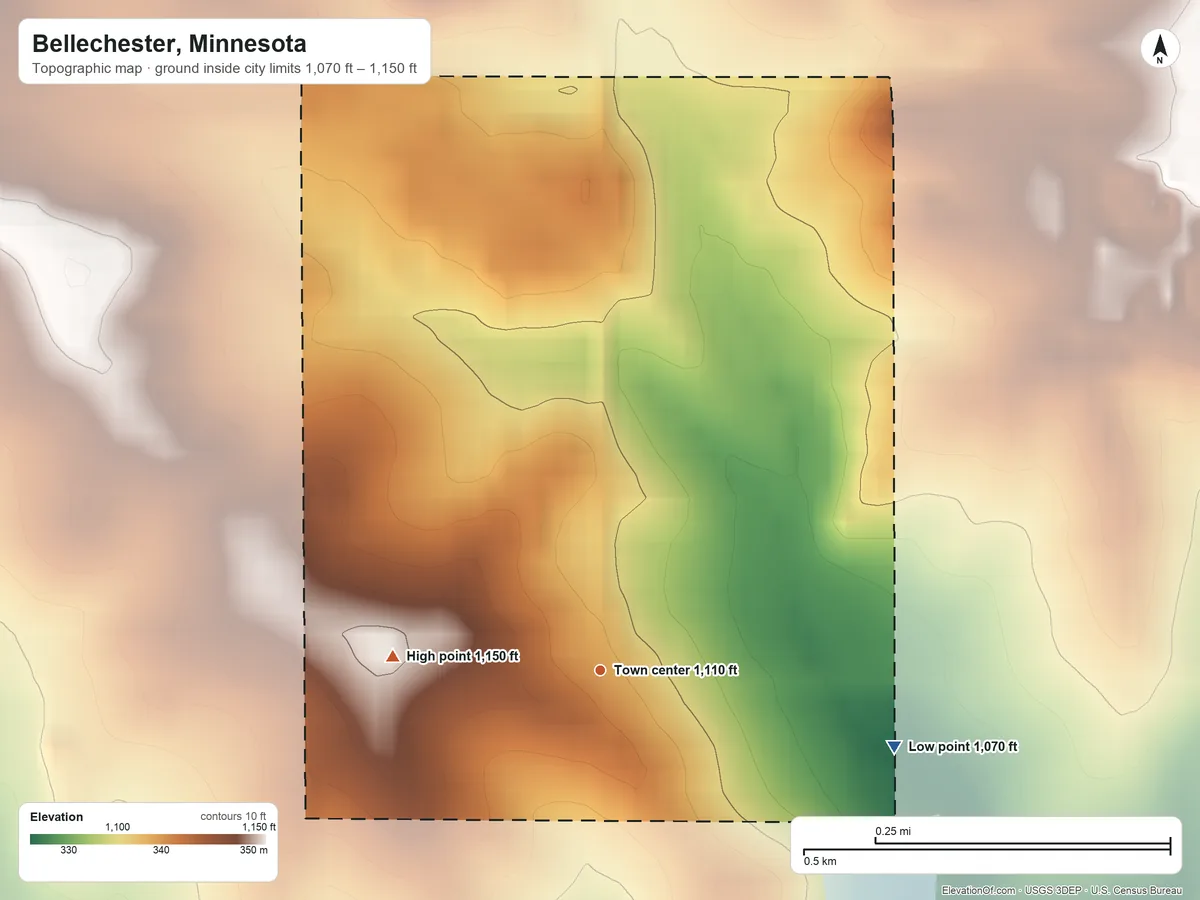 Topographic elevation map of Bellechester, Minnesota, shaded from 1,070 ft on the east side to 1,150 ft on the west side