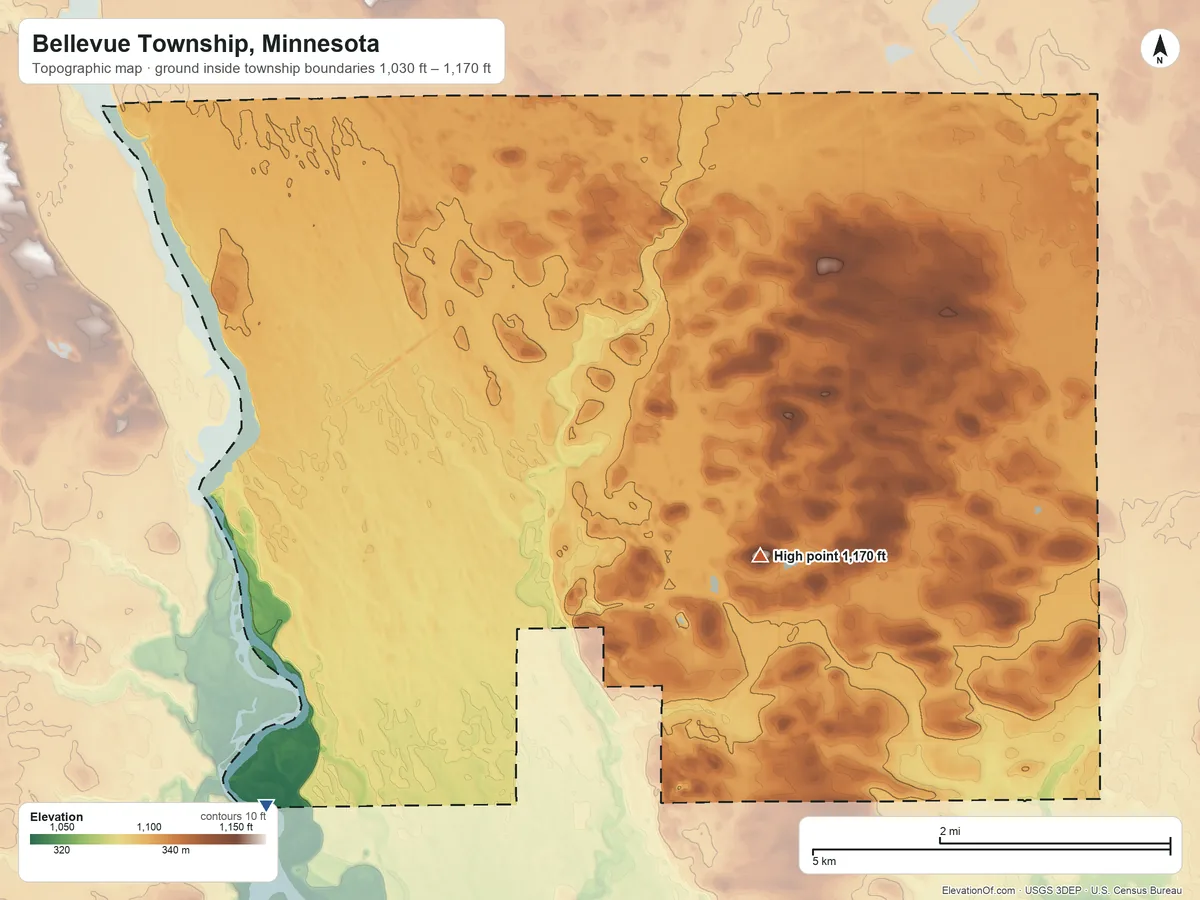 Topographic elevation map of Bellevue Township, Minnesota, shaded from 1,030 ft on the southwest side to 1,170 ft on the southeast side