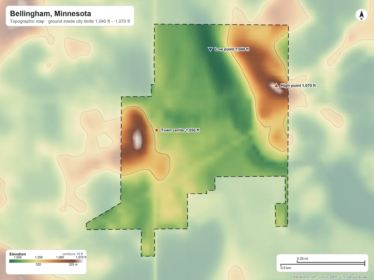 Topographic elevation map of Bellingham, Minnesota, shaded from 1,040 ft on the northeast side to 1,070 ft on the east side