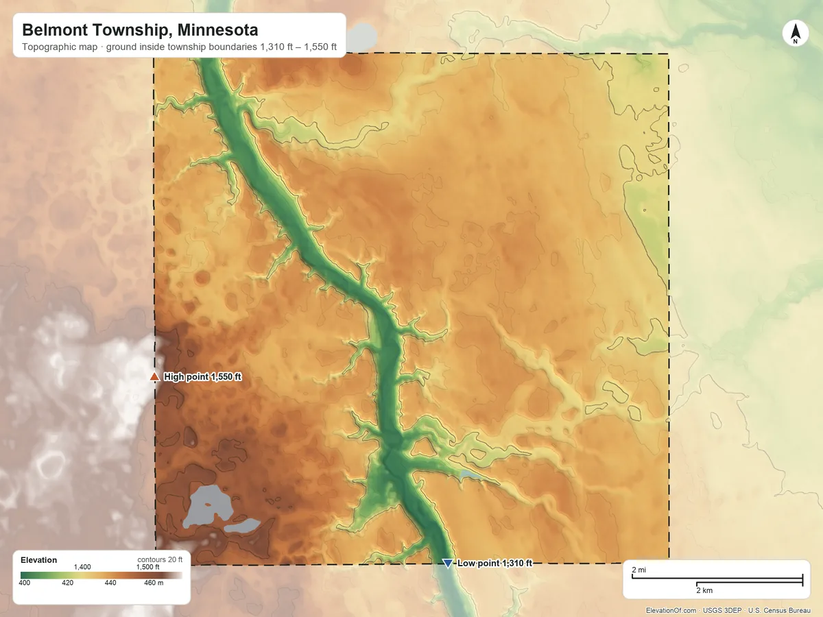 Topographic elevation map of Belmont Township, Minnesota, shaded from 1,310 ft on the south side to 1,550 ft on the west side