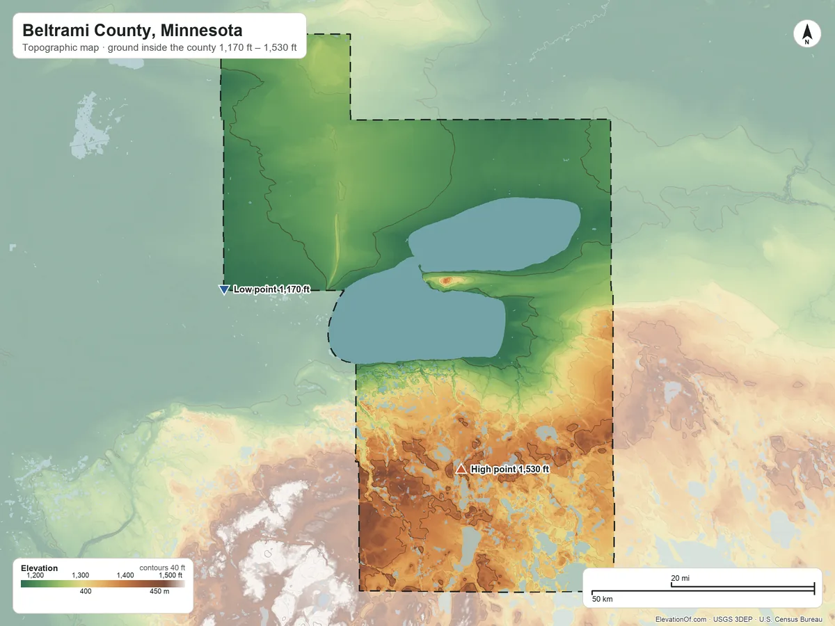 Topographic elevation map of Beltrami County, Minnesota, shaded from 1,170 ft on the west side to 1,530 ft on the south side