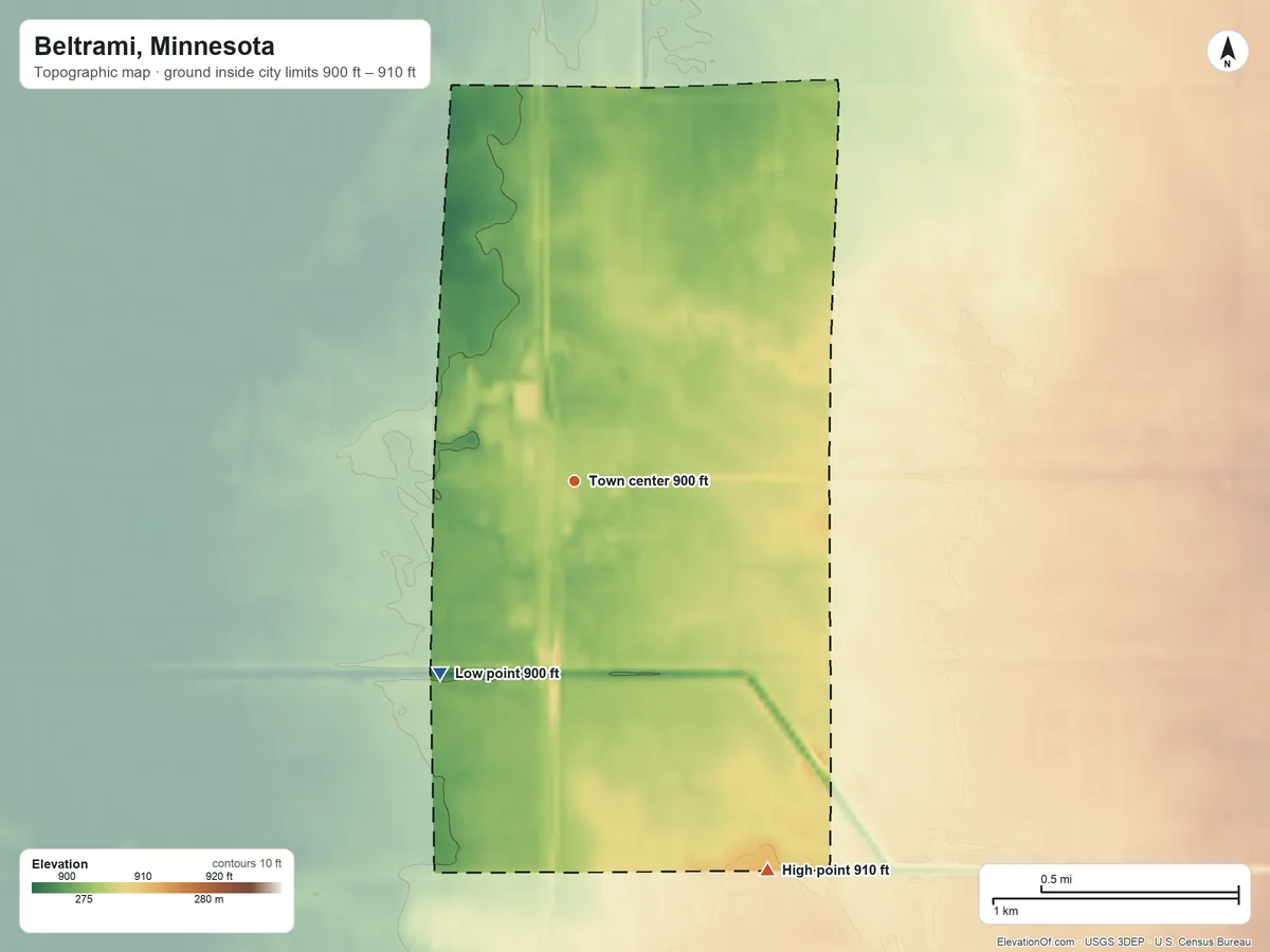 Topographic elevation map of Beltrami, Minnesota, shaded from 900 ft on the southwest side to 910 ft on the southeast side