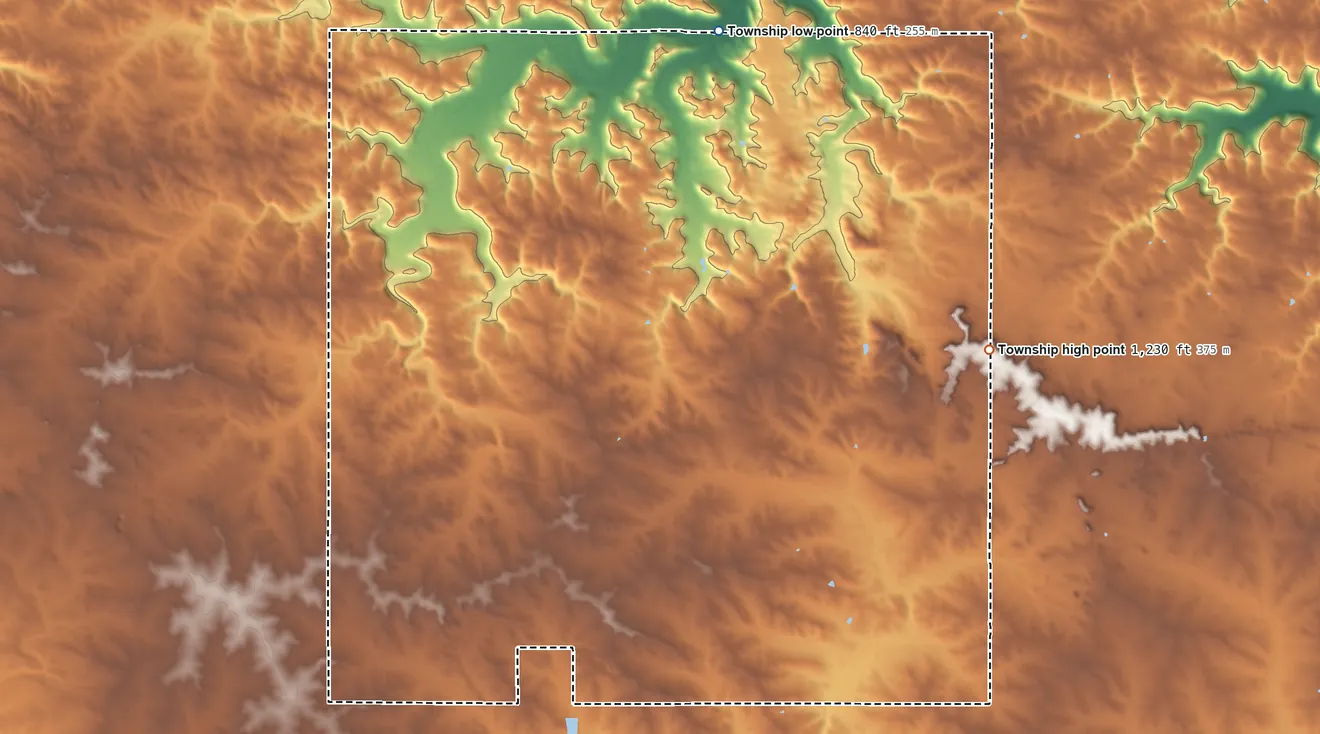 Topographic elevation map of Belvidere Township, Minnesota, shaded from 840 ft on the north side to 1,230 ft on the east side