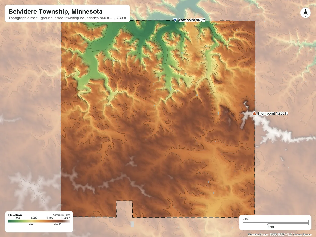 Topographic elevation map of Belvidere Township, Minnesota, shaded from 840 ft on the north side to 1,230 ft on the east side