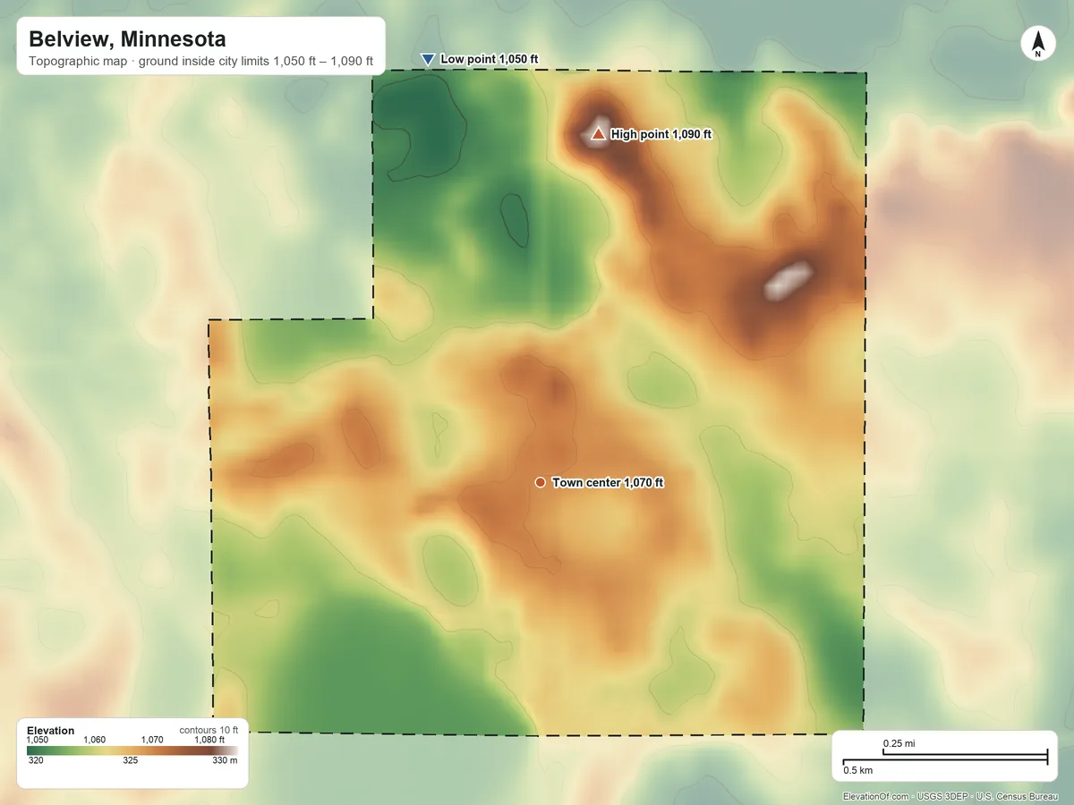 Topographic elevation map of Belview, Minnesota, shaded from 1,050 ft on the north side to 1,090 ft on the north side