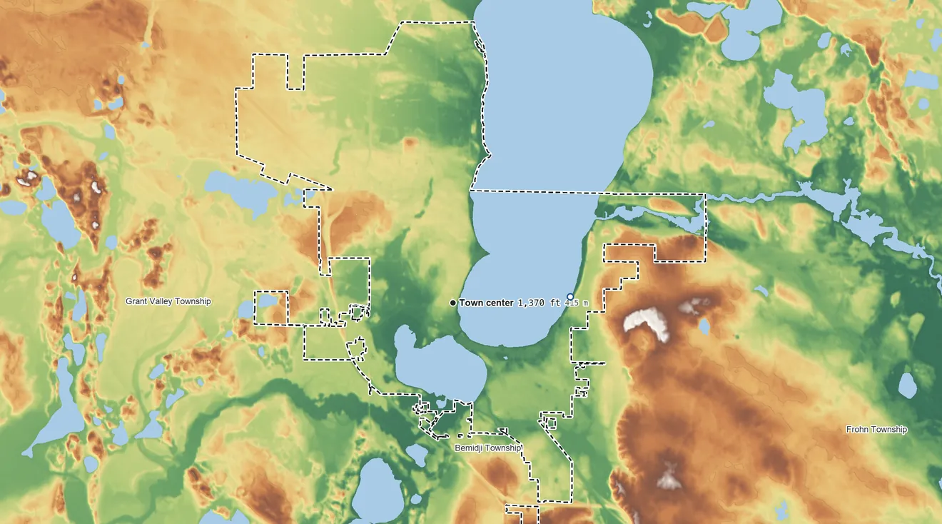 Topographic elevation map of Bemidji, Minnesota, shaded from 1,340 ft on the east side to 1,450 ft on the south side
