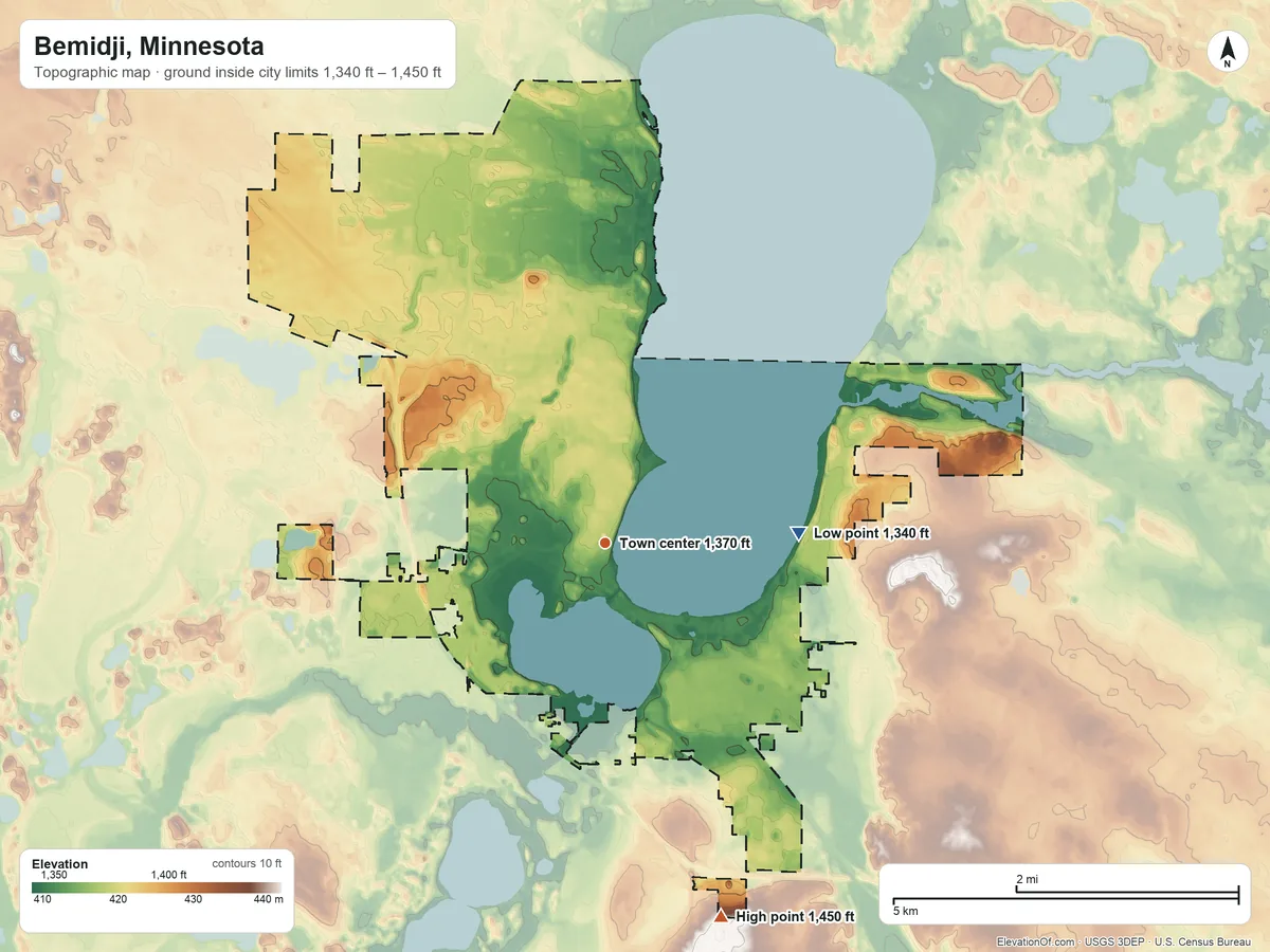 Topographic elevation map of Bemidji, Minnesota, shaded from 1,340 ft on the east side to 1,450 ft on the south side