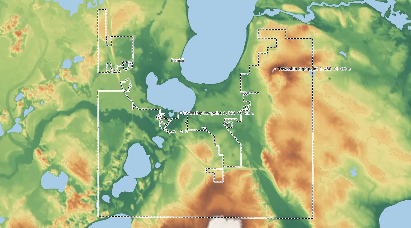 Topographic elevation map of Bemidji Township, Minnesota, shaded from 1,340 ft near the middle to 1,480 ft on the northeast side