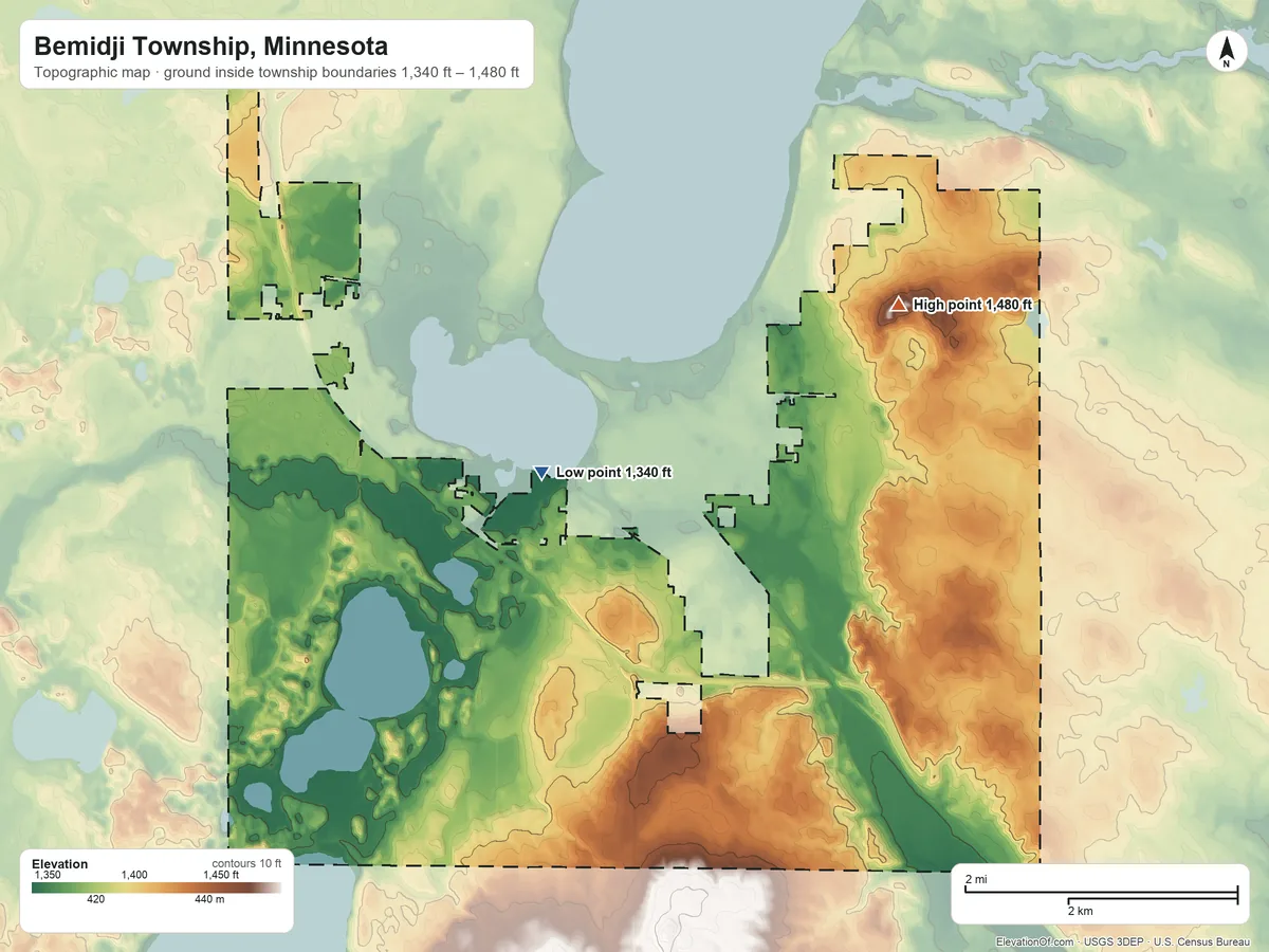 Topographic elevation map of Bemidji Township, Minnesota, shaded from 1,340 ft near the middle to 1,480 ft on the northeast side