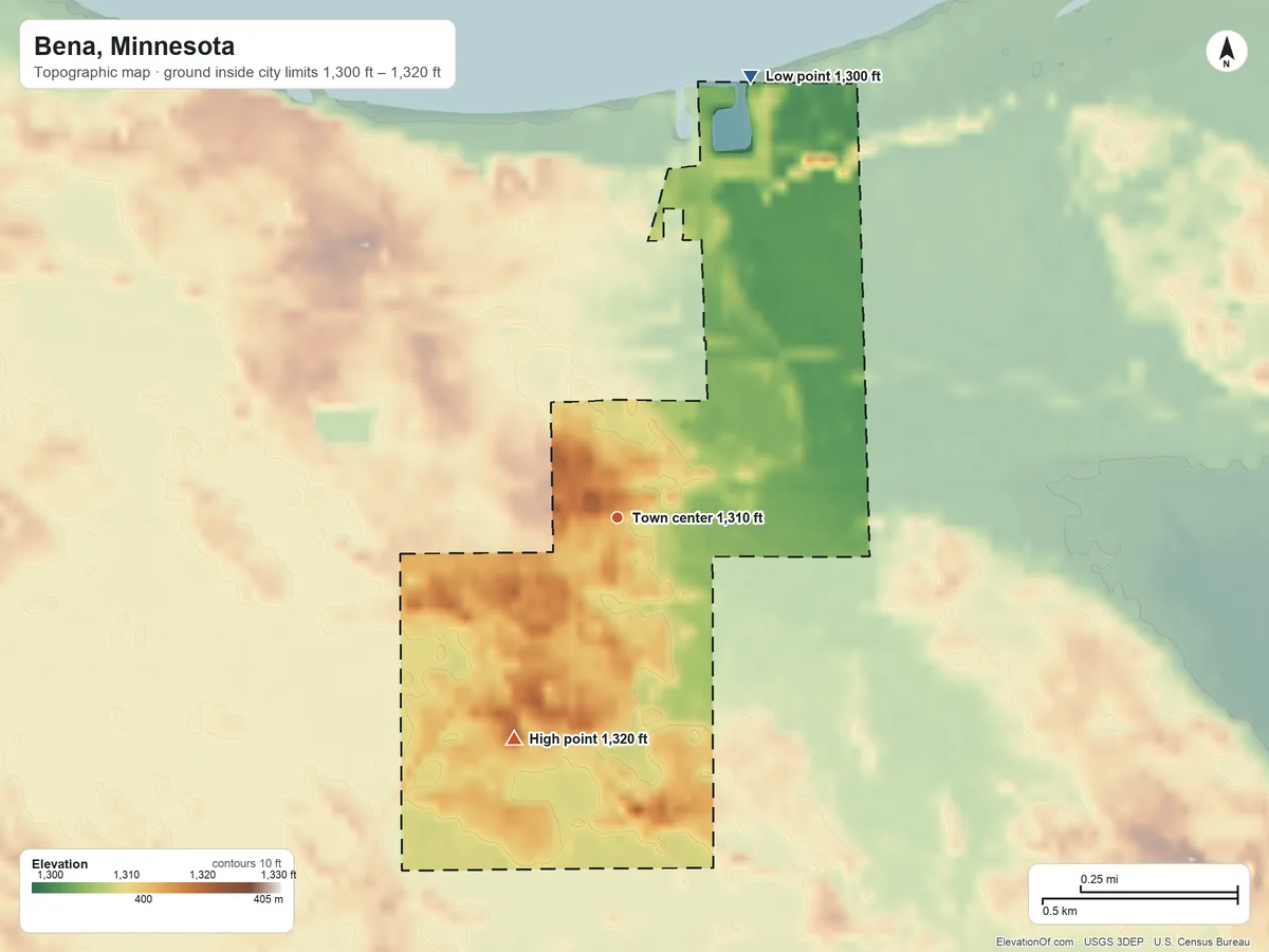 Topographic elevation map of Bena, Minnesota, shaded from 1,300 ft on the north side to 1,320 ft on the southwest side