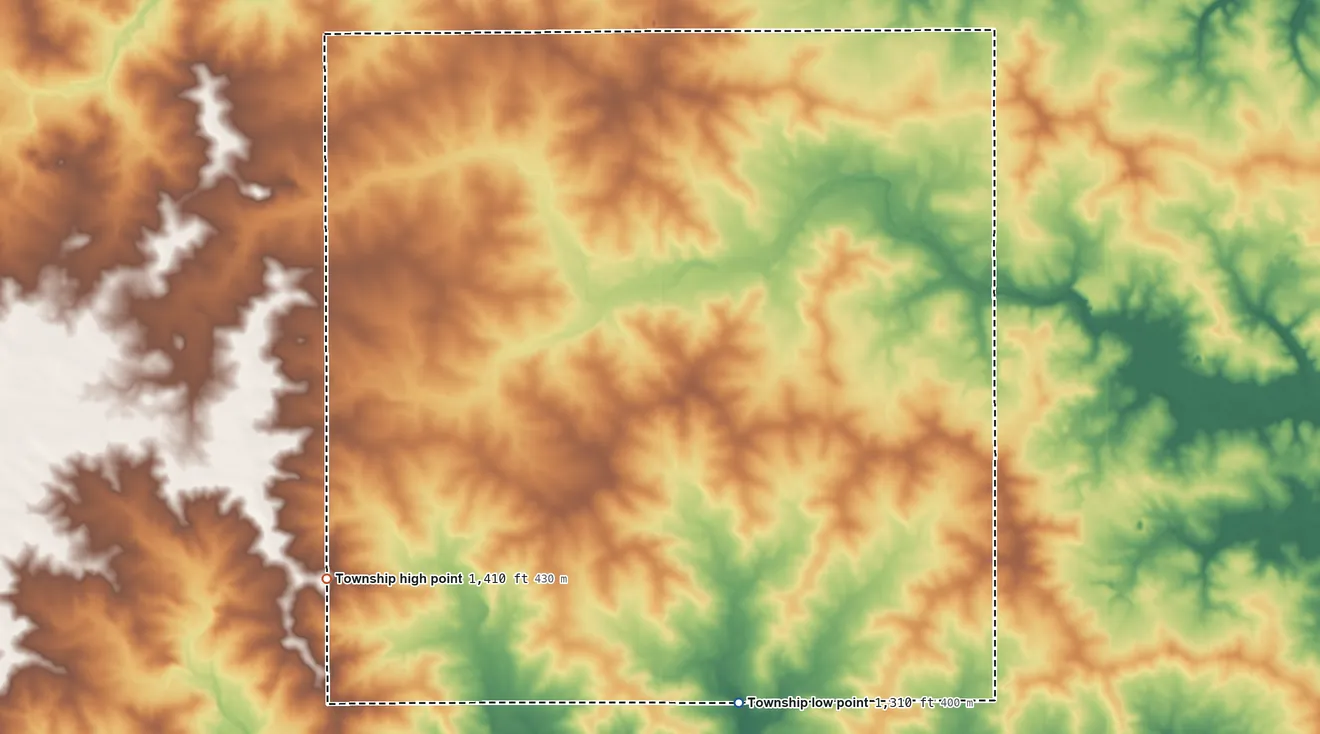 Topographic elevation map of Bennington Township, Minnesota, shaded from 1,310 ft on the south side to 1,410 ft on the southwest side