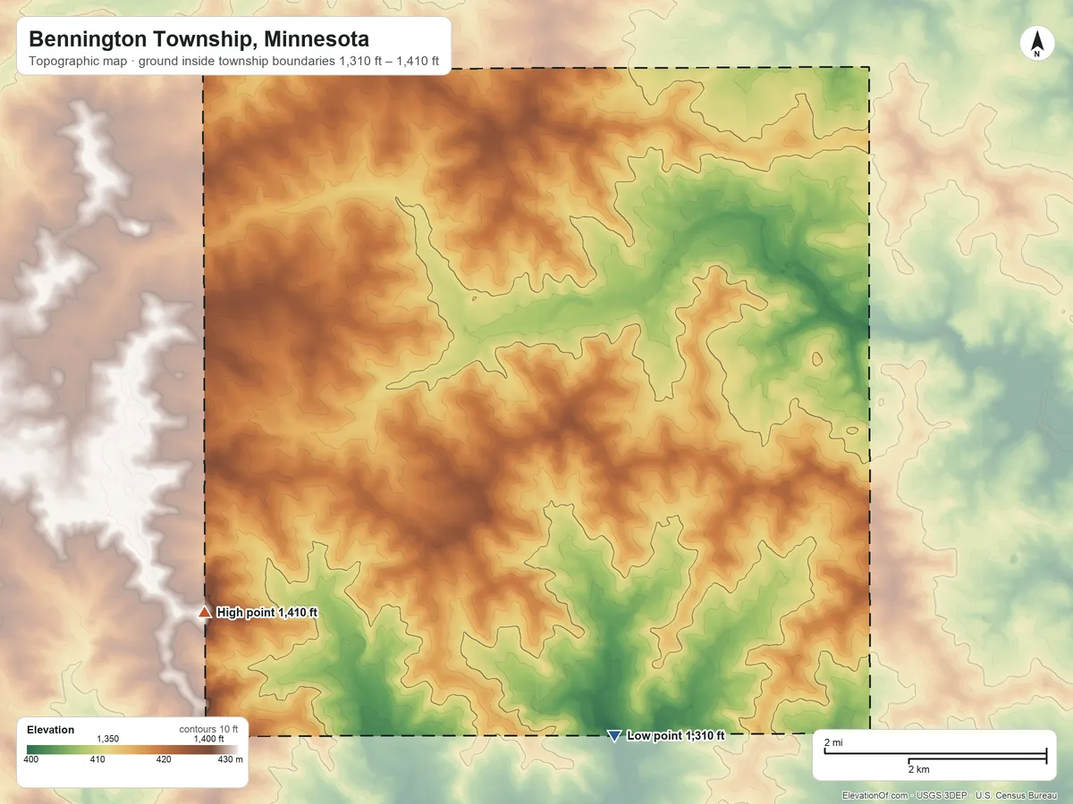 Topographic elevation map of Bennington Township, Minnesota, shaded from 1,310 ft on the south side to 1,410 ft on the southwest side