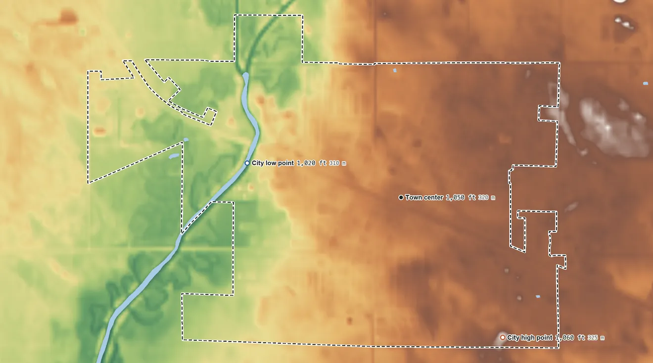 Topographic elevation map of Benson, Minnesota, shaded from 1,020 ft on the west side to 1,060 ft on the southeast side