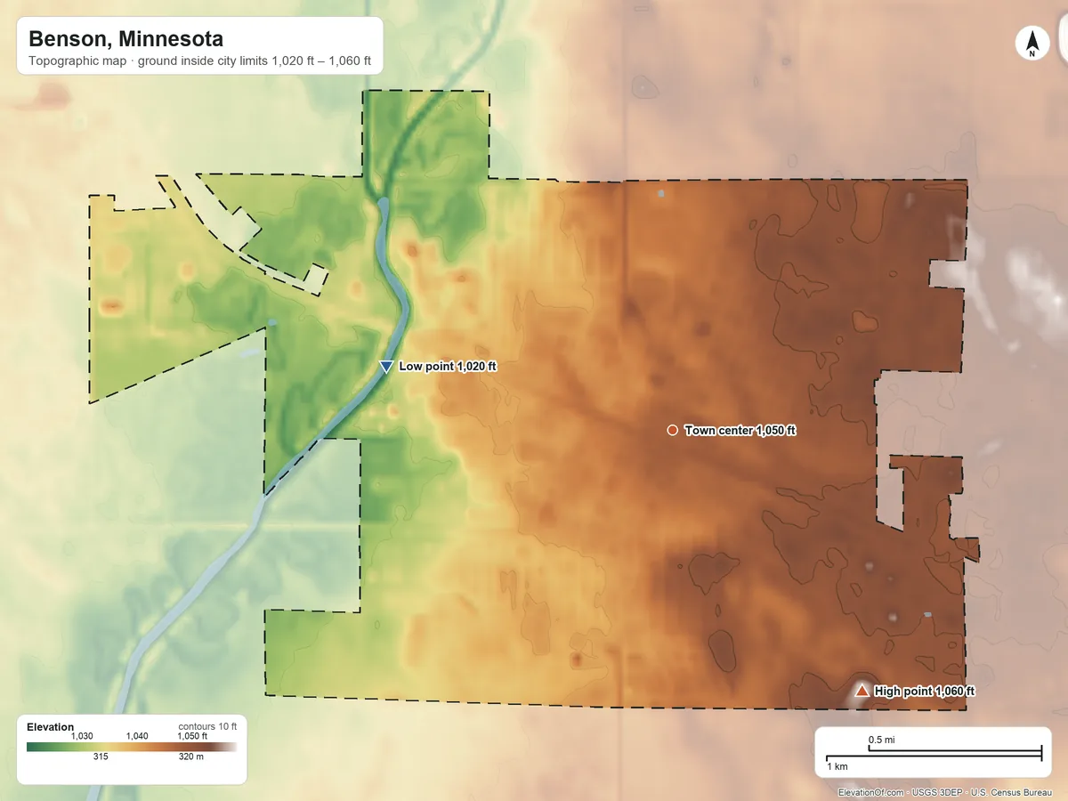 Topographic elevation map of Benson, Minnesota, shaded from 1,020 ft on the west side to 1,060 ft on the southeast side