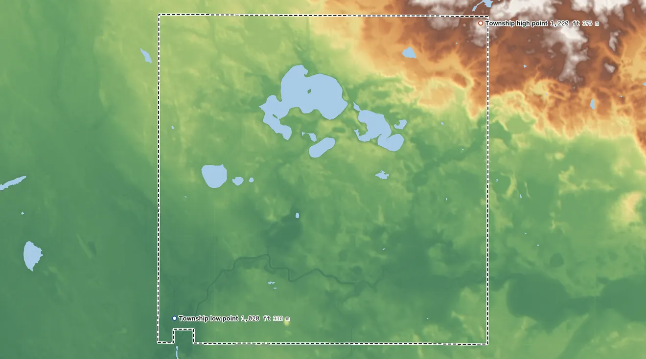Topographic elevation map of Benson Township, Minnesota, shaded from 1,020 ft on the southwest side to 1,220 ft on the northeast side