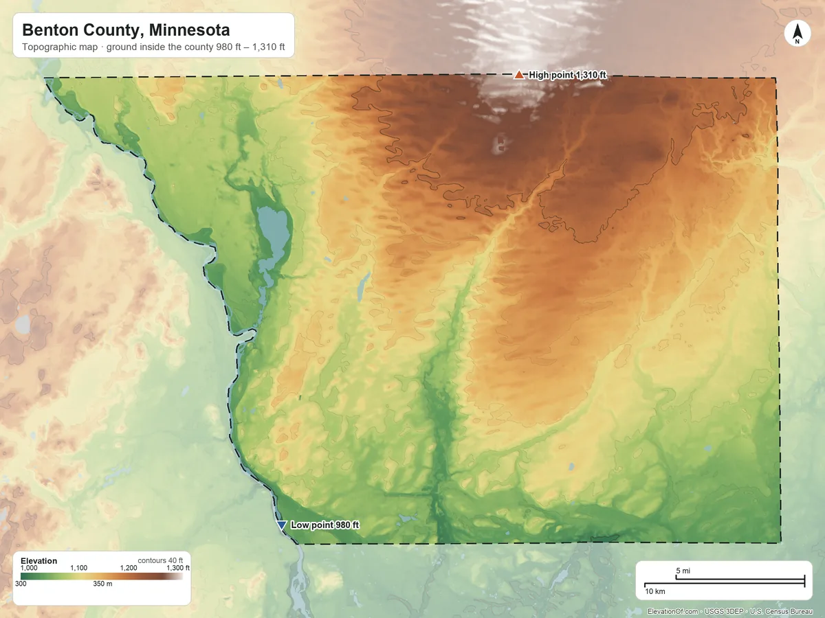 Topographic elevation map of Benton County, Minnesota, shaded from 980 ft on the southwest side to 1,310 ft on the northeast side
