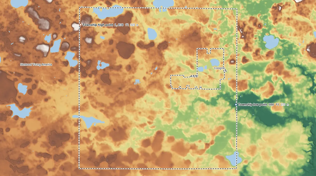 Topographic elevation map of Benton Township, Minnesota, shaded from 900 ft on the east side to 1,030 ft on the northwest side