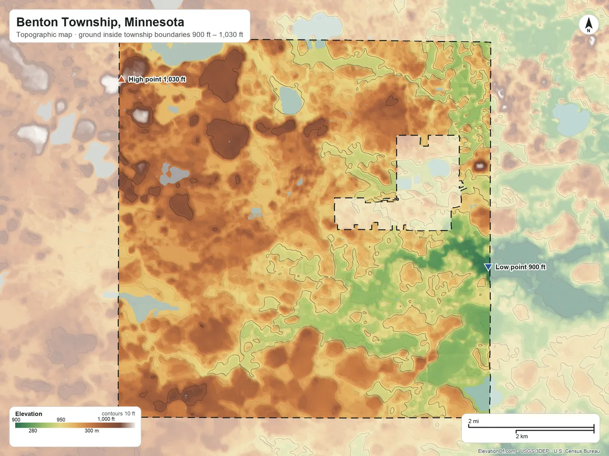 Topographic elevation map of Benton Township, Minnesota, shaded from 900 ft on the east side to 1,030 ft on the northwest side