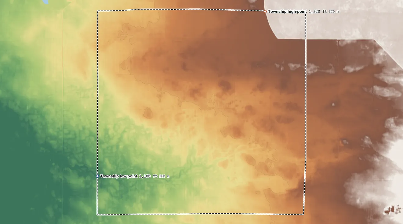 Topographic elevation map of Benville Township, Minnesota, shaded from 1,180 ft on the southwest side to 1,220 ft on the northeast side