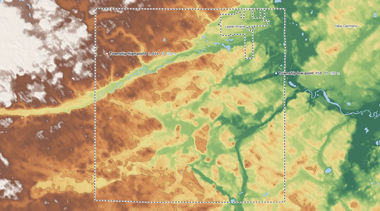 Topographic elevation map of Bergen Township, Minnesota, shaded from 950 ft on the east side to 1,040 ft on the west side