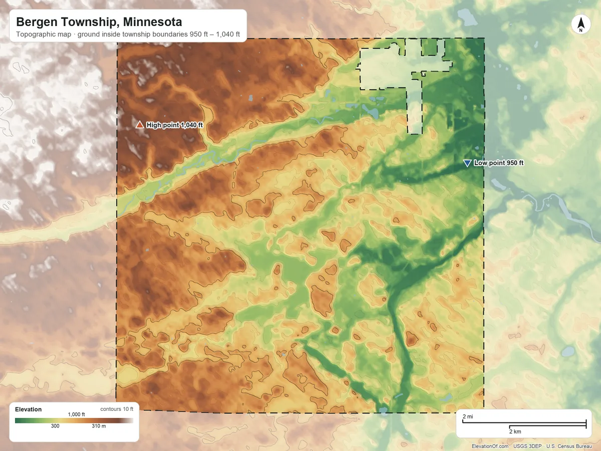 Topographic elevation map of Bergen Township, Minnesota, shaded from 950 ft on the east side to 1,040 ft on the west side