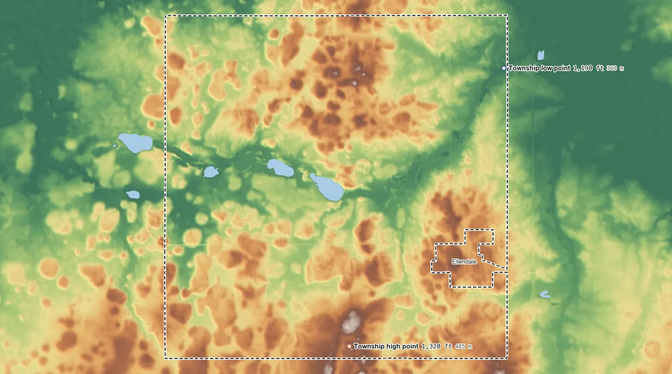 Topographic elevation map of Berlin Township, Minnesota, shaded from 1,190 ft on the northeast side to 1,320 ft on the south side