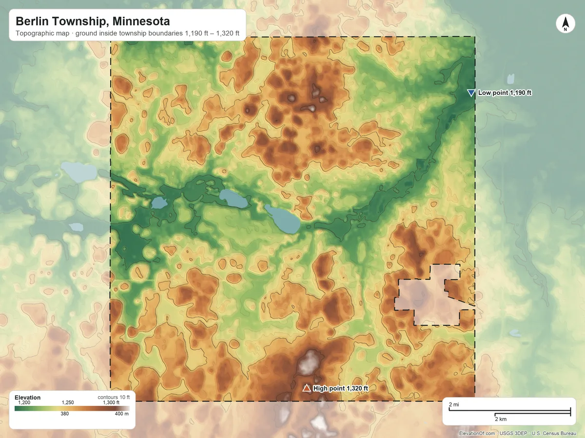 Topographic elevation map of Berlin Township, Minnesota, shaded from 1,190 ft on the northeast side to 1,320 ft on the south side
