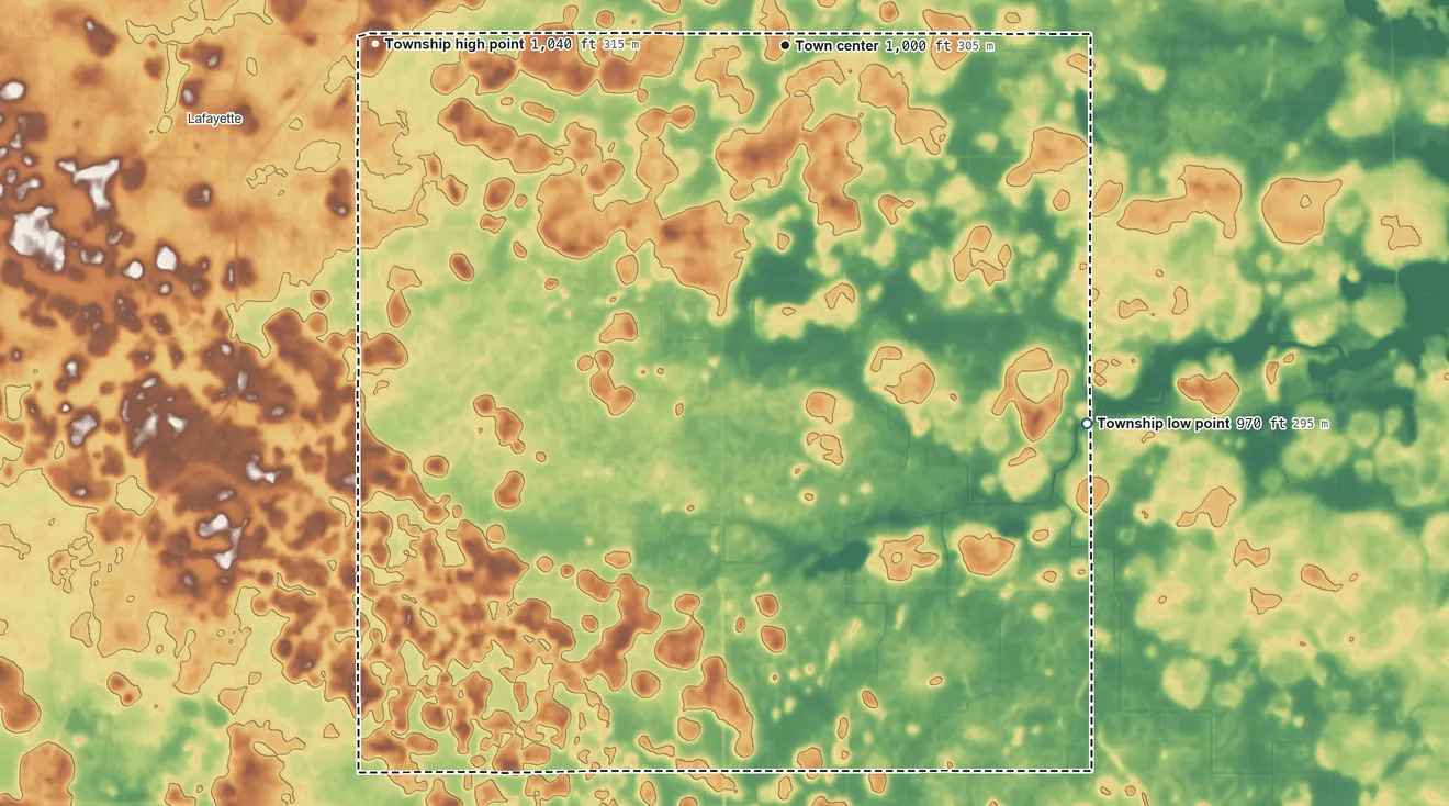 Topographic elevation map of Bernadotte Township, Minnesota, shaded from 970 ft on the southeast side to 1,040 ft on the west side