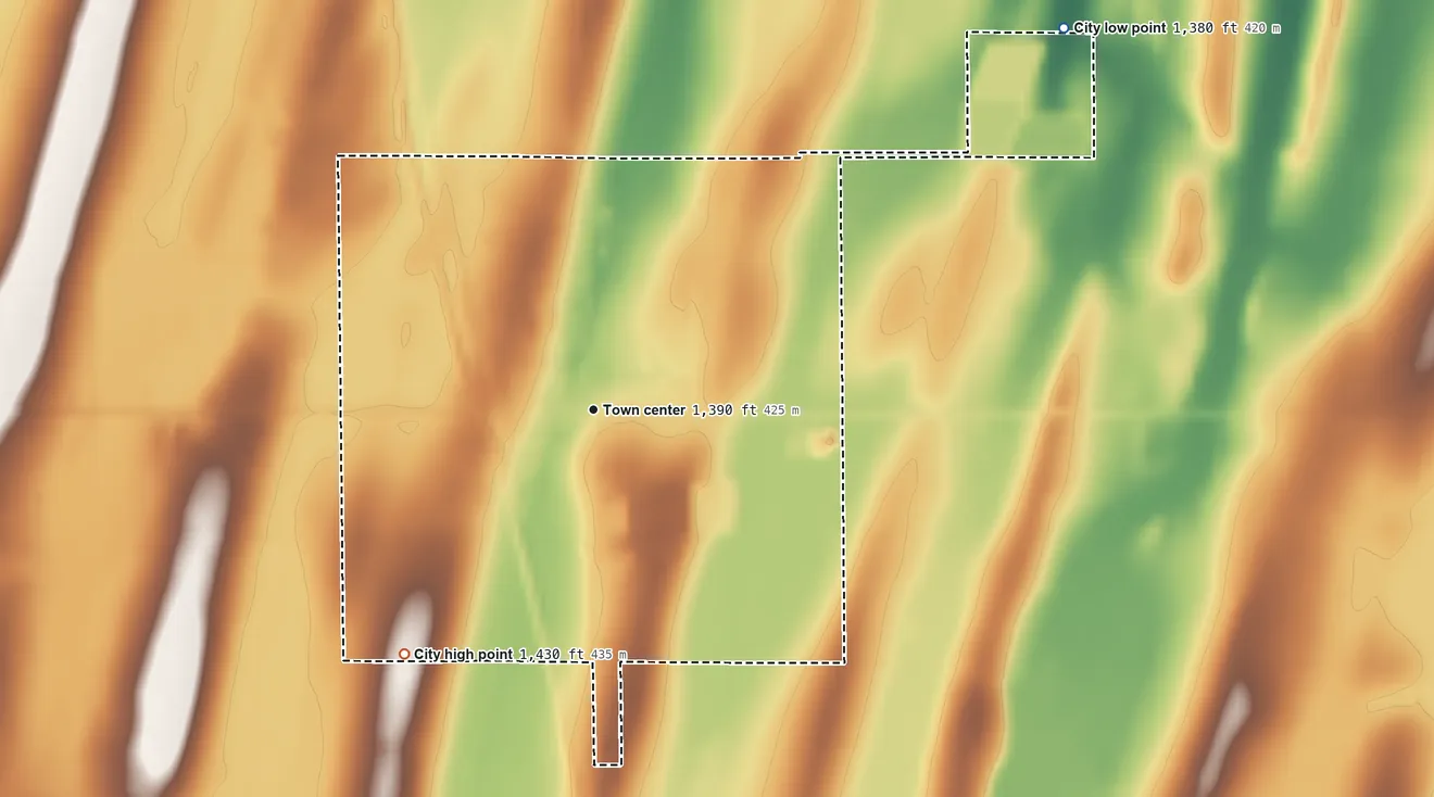 Topographic elevation map of Bertha, Minnesota, shaded from 1,380 ft on the northeast side to 1,430 ft on the southwest side