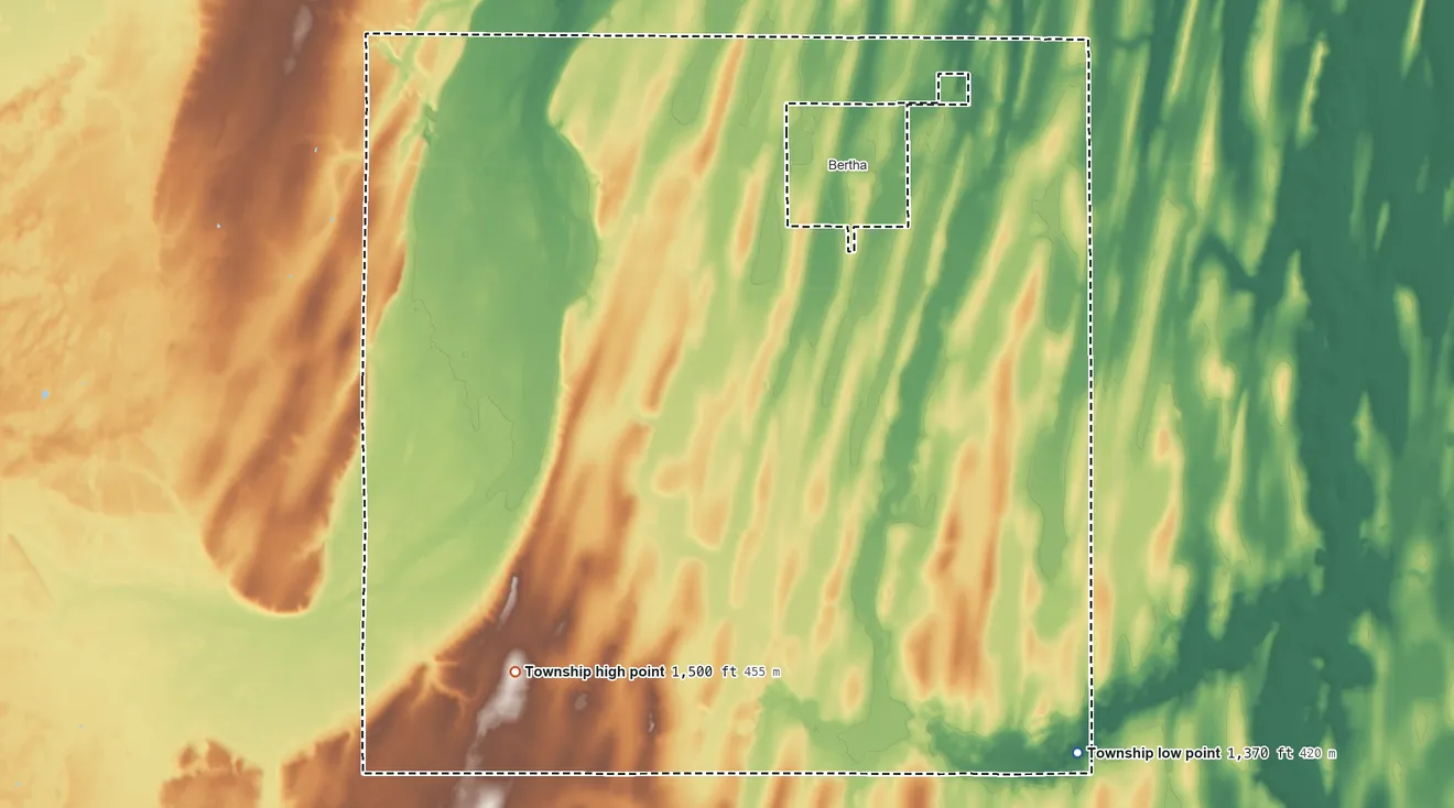 Topographic elevation map of Bertha Township, Minnesota, shaded from 1,370 ft on the southeast side to 1,500 ft on the southwest side