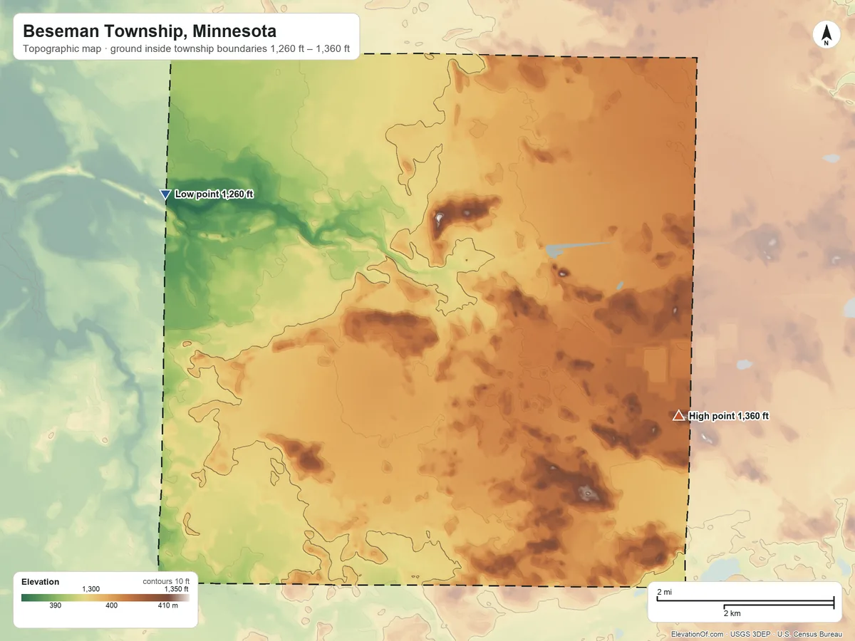Topographic elevation map of Beseman Township, Minnesota, shaded from 1,260 ft on the northwest side to 1,360 ft on the east side