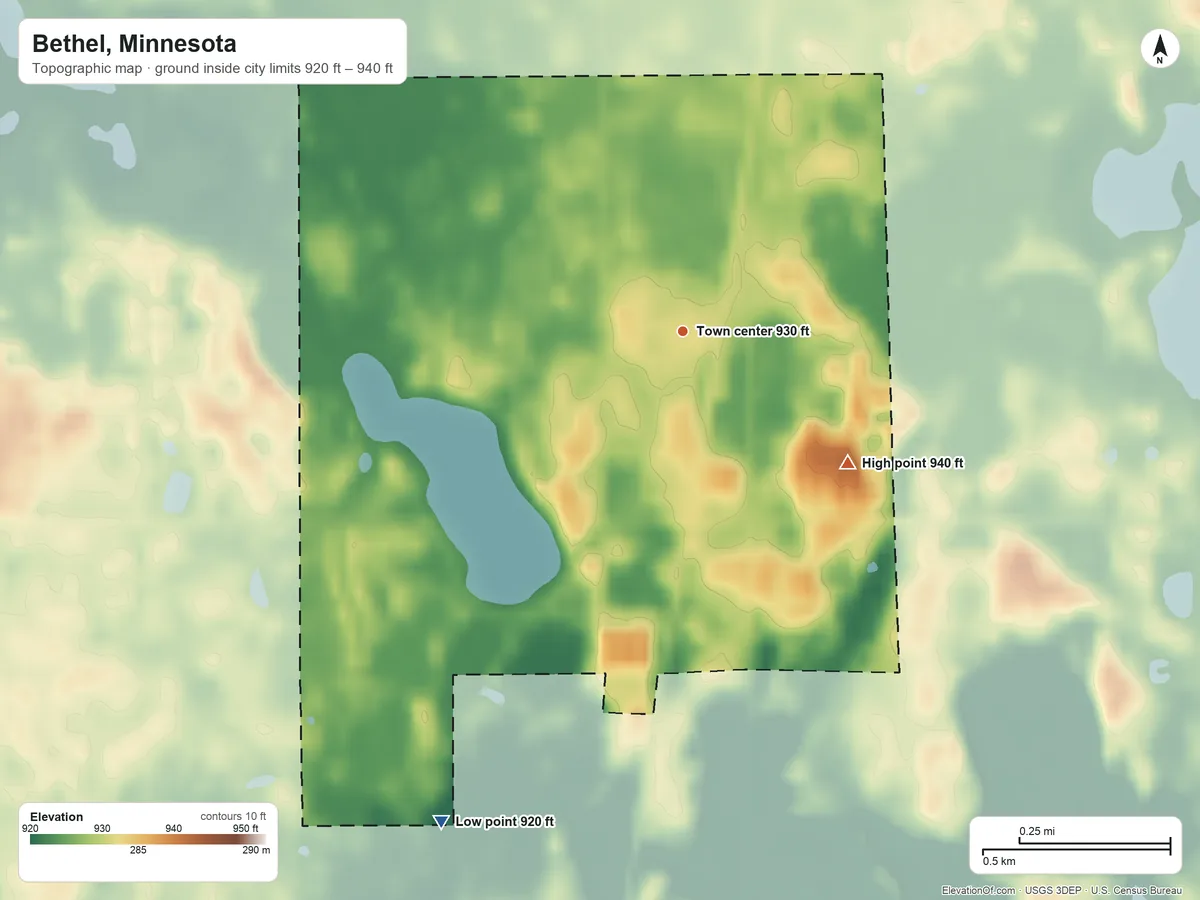 Topographic elevation map of Bethel, Minnesota, shaded from 920 ft on the southwest side to 940 ft on the southeast side